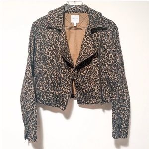 Urban Outfitters Cropped Denim Leopard Moto Jacket